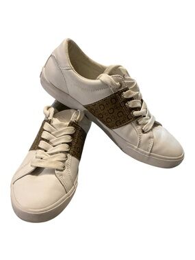 White Women's Lace-Up Sneakers with Brown Accent